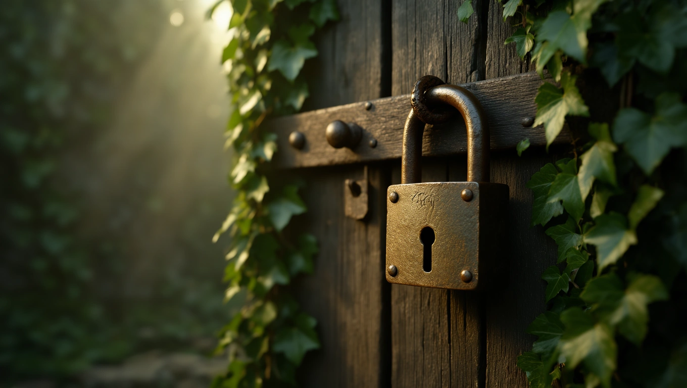 Ein altes Vorhängeschloss an einer Holztür, umgeben von Efeu.