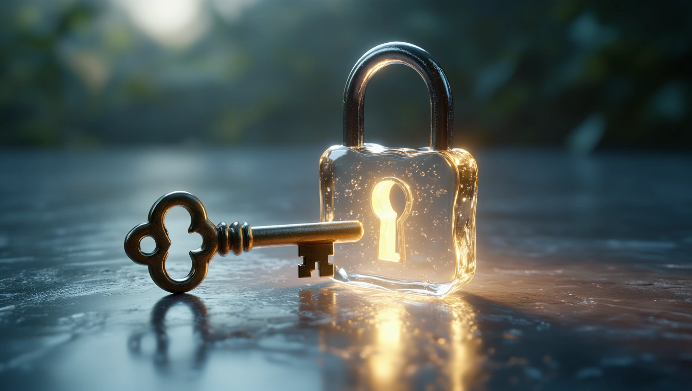 Ein glänzendes Vorhängeschloss mit einem Schlüssel, der bereit ist, es zu öffnen.