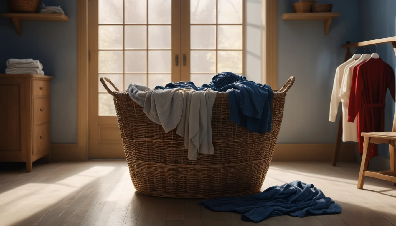 Ein gefüllter Wäschekorb mit bunten Kleidungsstücken in einem hellen Raum.
