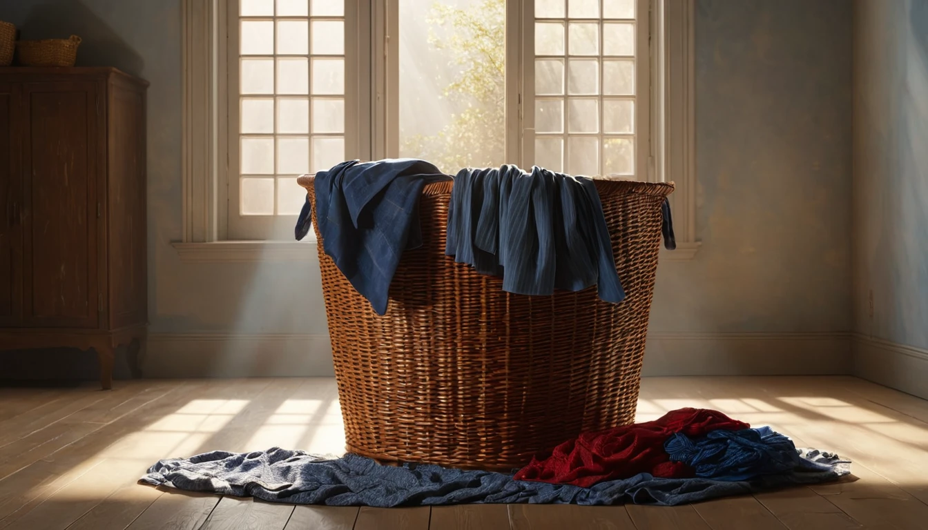 Ein gefüllter Wäschekorb mit bunten Kleidungsstücken in einem hellen Raum.