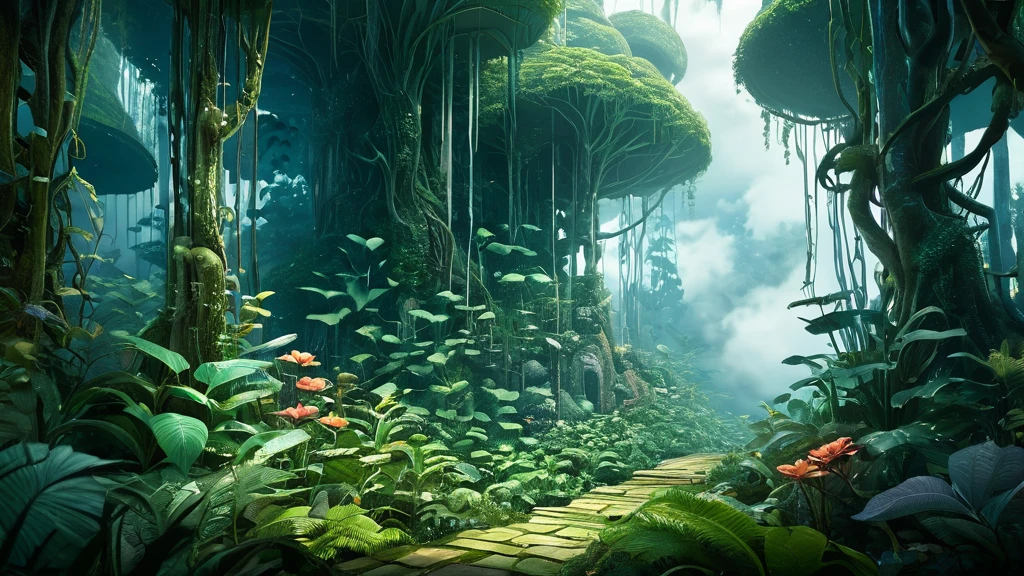 Ein mystischer Wald mit üppiger Vegetation und einem schmalen Pfad.