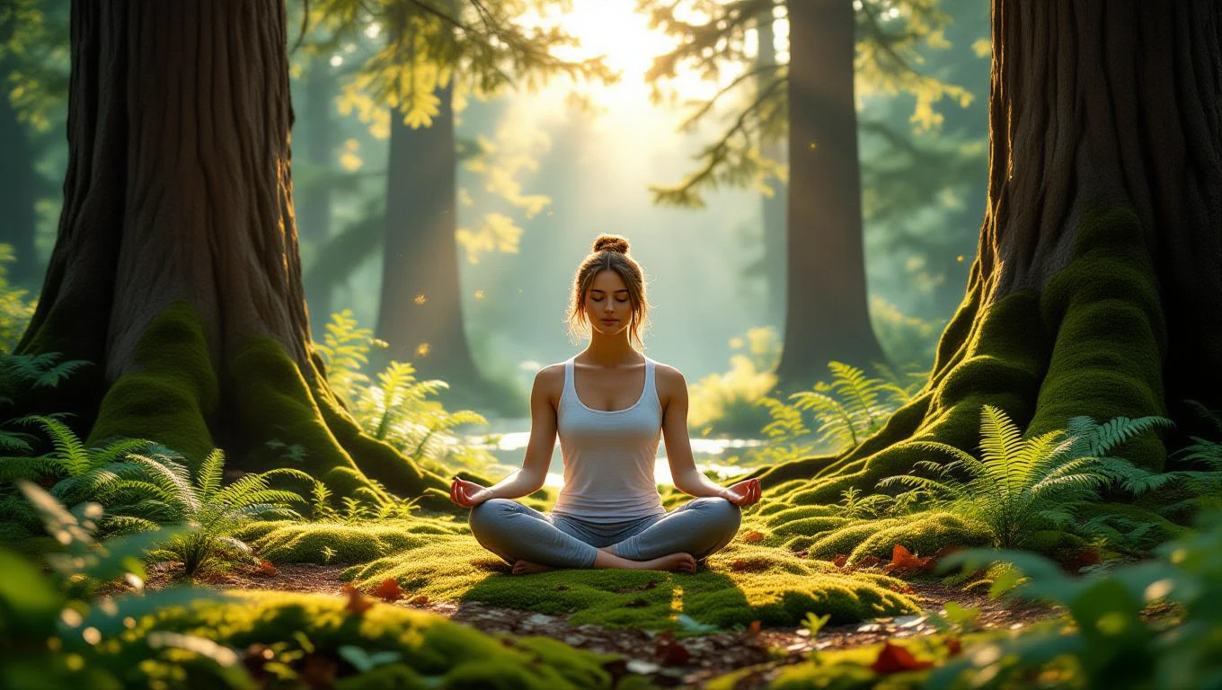 Eine Person meditiert in einem ruhigen Wald, umgeben von Bäumen und Moos.
