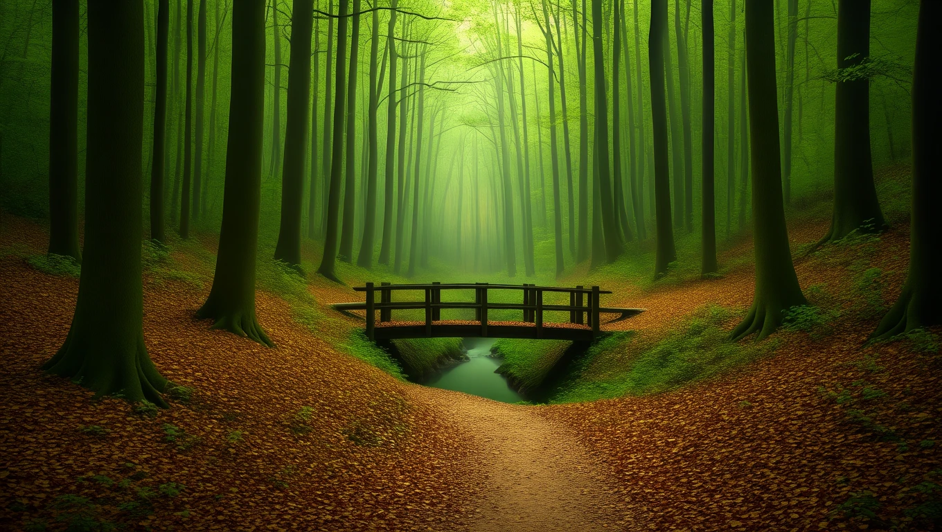 Ein mystischer Wald mit einem kleinen Holzbrücke über einen klaren Bach.