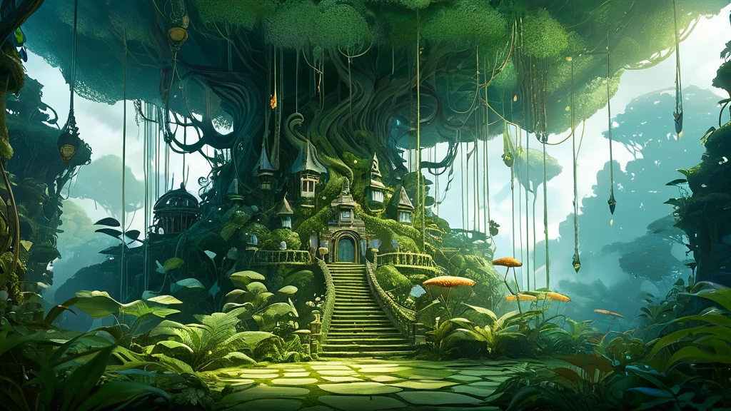 Ein mystischer Wald mit einem großen Baumhaus, umgeben von üppiger Vegetation.