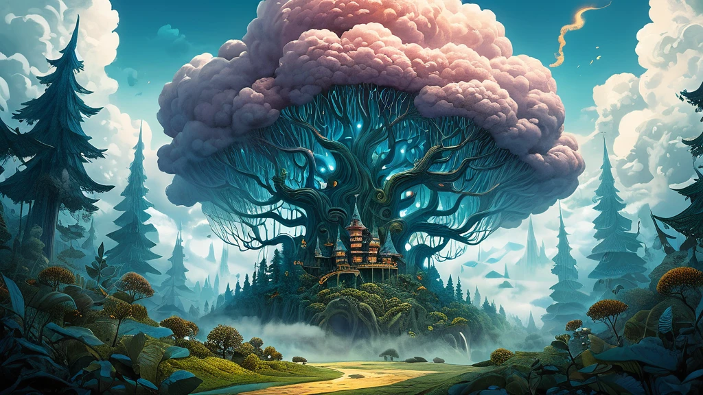 Ein mystischer Wald mit einem großen Baum und einem Schloss, umgeben von Nebel.