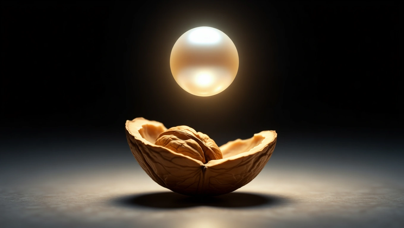 Eine geöffnete Walnuss mit einem schimmernden Kern, der schwebt.