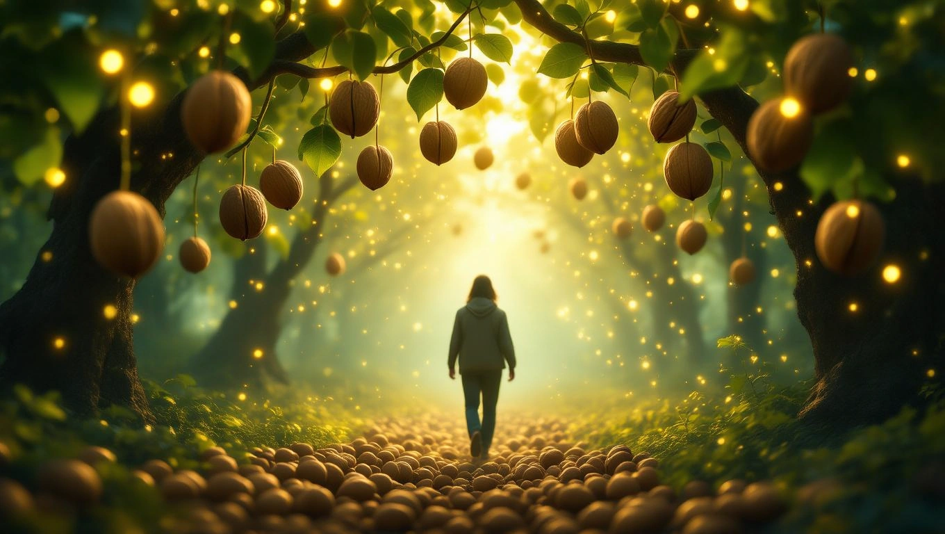 Eine Person geht durch einen Wald voller Walnüsse, umgeben von leuchtenden Lichtern.