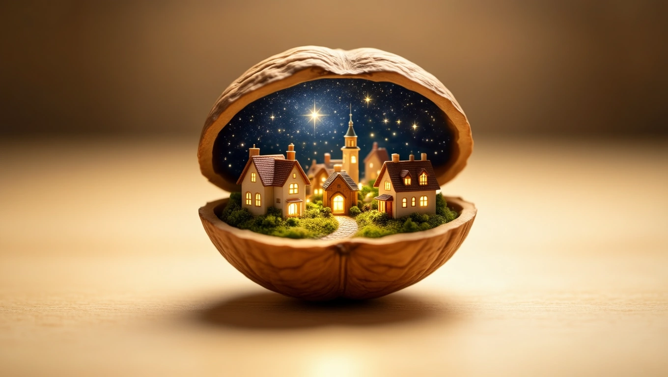 Eine geöffnete Walnuss zeigt eine kleine, leuchtende Stadt im Inneren.