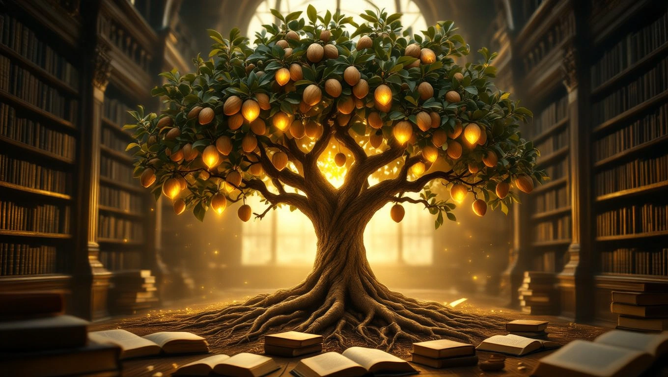 Ein prächtiger Baum mit Walnüssen, umgeben von alten Büchern in einer Bibliothek.
