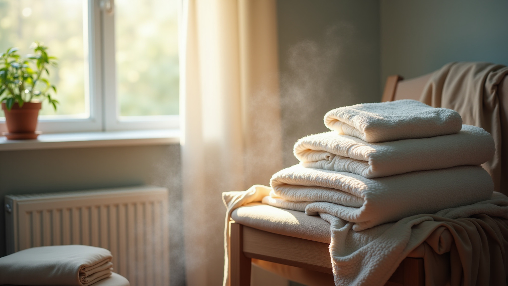 Ein Stapel frischer Handtücher auf einem Stuhl, umgeben von warmem Licht.