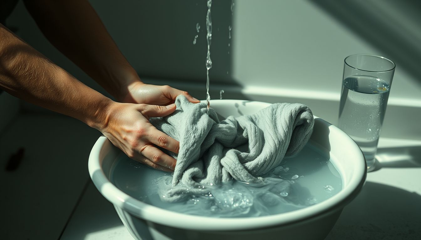 Hände waschen ein graues Tuch in einer Schüssel mit klarem Wasser.