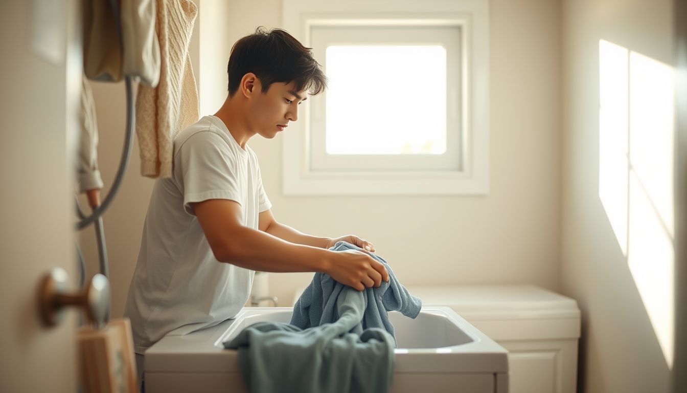 Ein junger Mann wäscht einen blauen Pullover in einer hellen Waschküche.