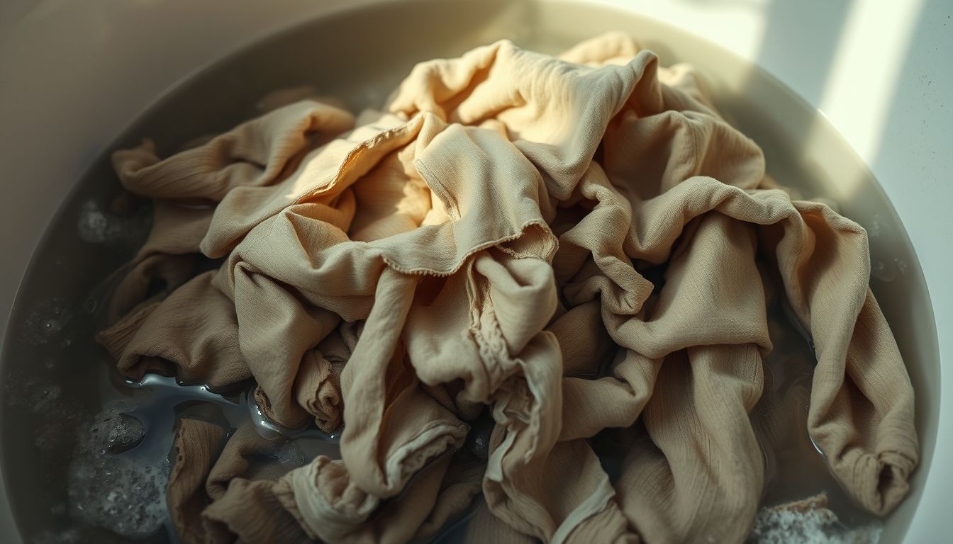 Ein Haufen beige Kleidung, die in Wasser eingeweicht ist, symbolisiert Reinigung.
