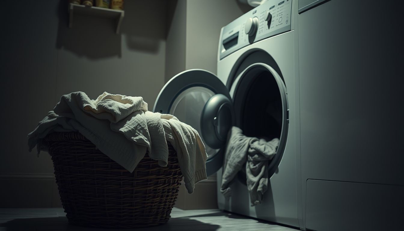 Ein Wäschekorb mit schmutziger Wäsche neben einer Waschmaschine.
