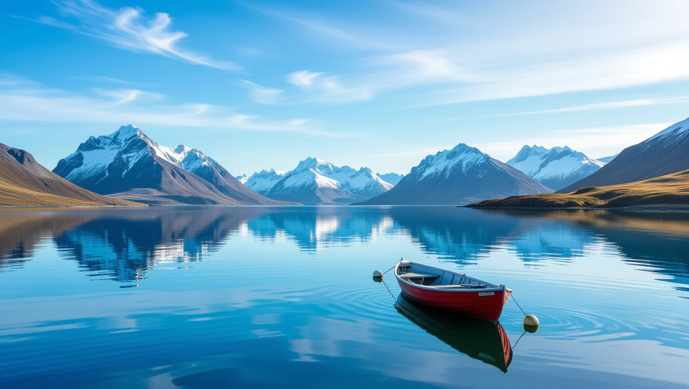Ein rotes Boot schwimmt ruhig auf einem klaren, blauen See, umgeben von majestätischen Bergen.