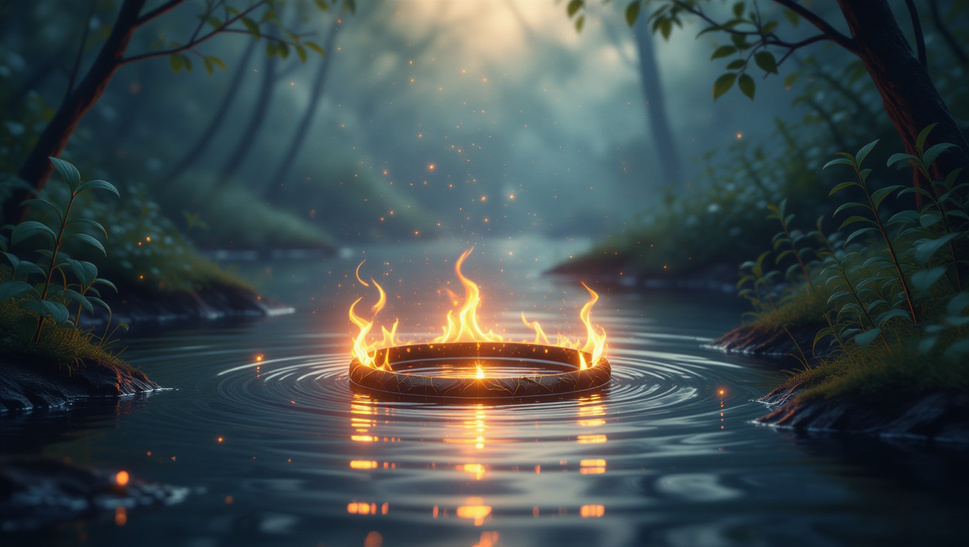 Ein brennender Ring schwimmt auf ruhigem Wasser, umgeben von Pflanzen.