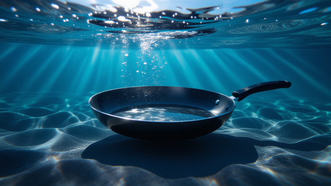 Eine schwarze Pfanne schwebt unter Wasser, umgeben von Lichtstrahlen und Blasen.