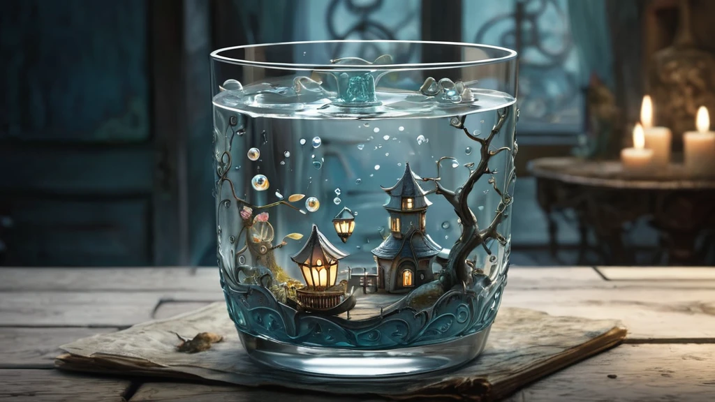 Ein kunstvoll gestaltetes Glas mit Wasser, das eine kleine, beleuchtete Landschaft zeigt.