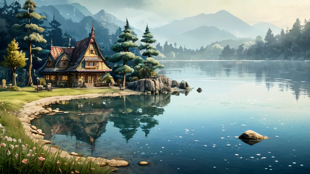 Ein malerisches Haus am Ufer eines ruhigen Sees, umgeben von Bäumen und Bergen.