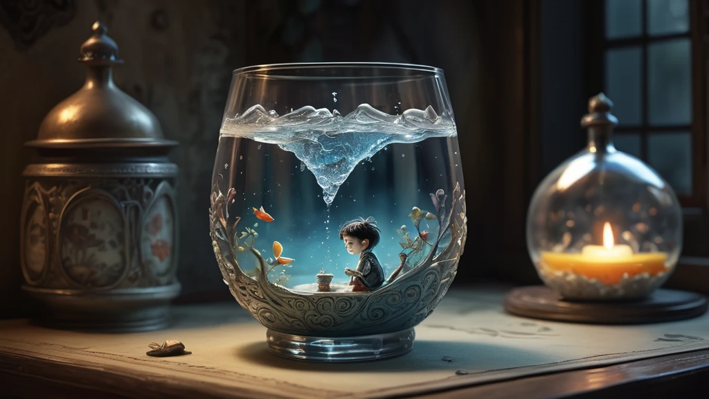 Ein Glas Wasser mit einem Jungen, der in einer Traumwelt sitzt, umgeben von Fischen.