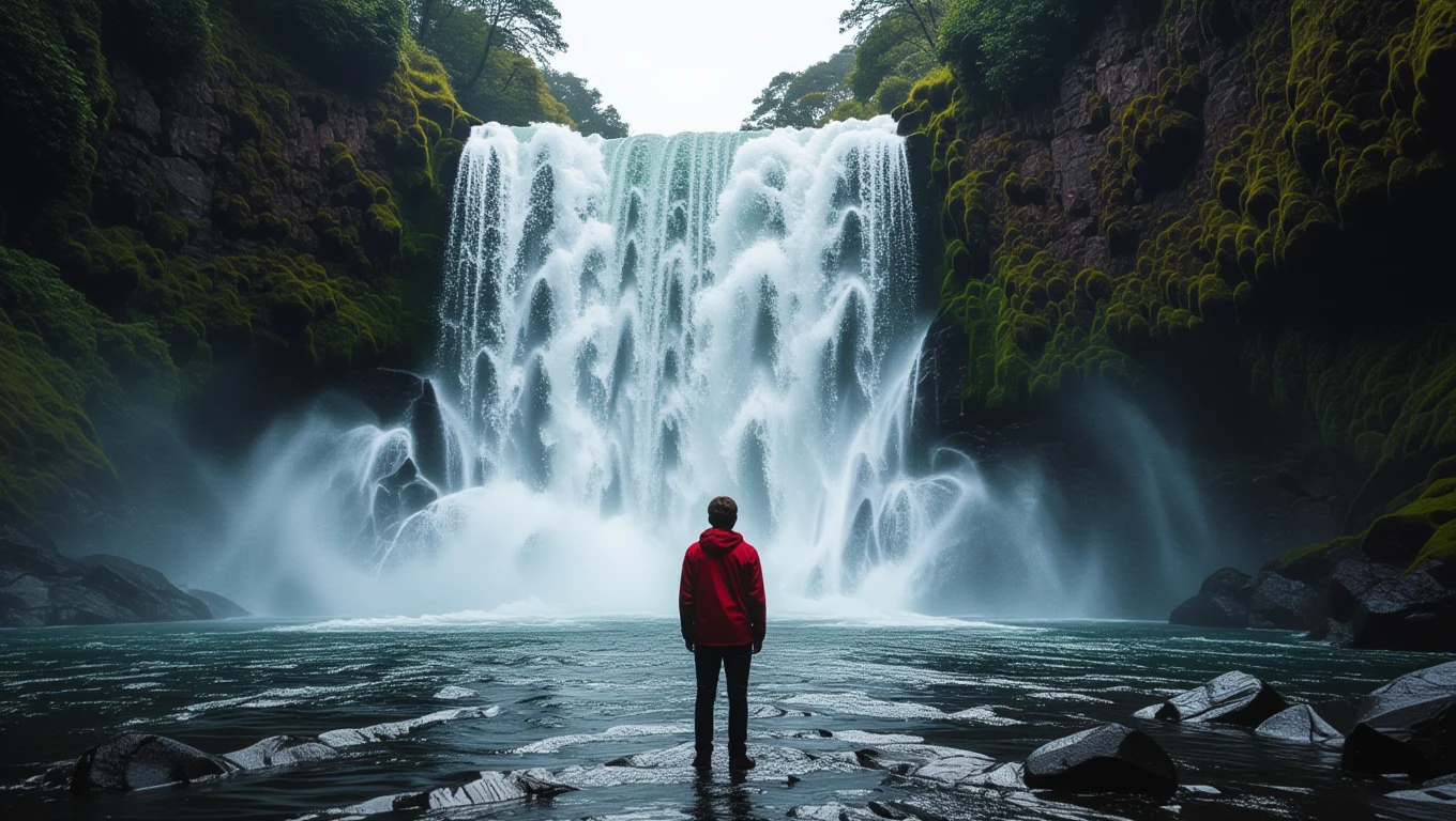 Ein Mensch steht vor einem majestätischen Wasserfall, umgeben von Natur.