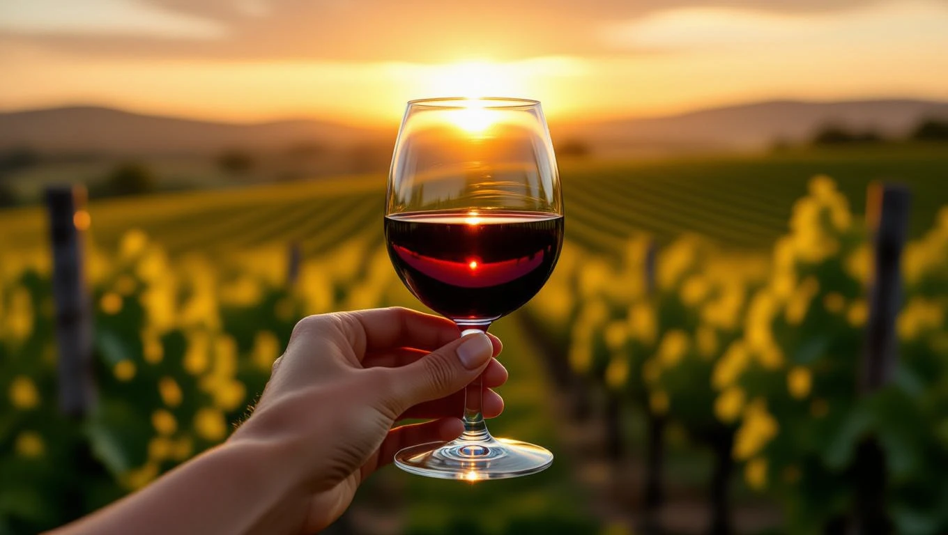 Ein Glas Rotwein wird vor einem Sonnenuntergang in einem Weinberg gehalten.