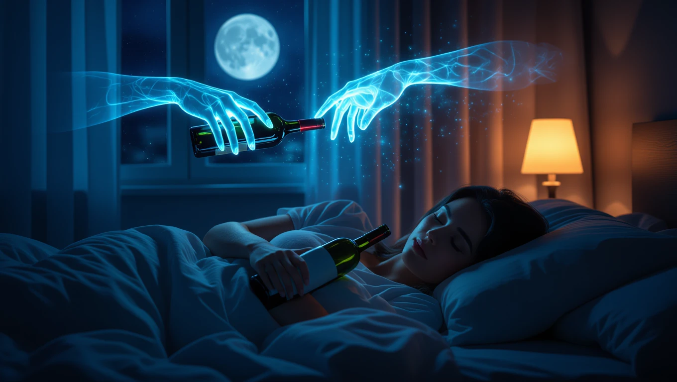 Eine schlafende Frau mit Weinflaschen, umgeben von mystischen, leuchtenden Händen.