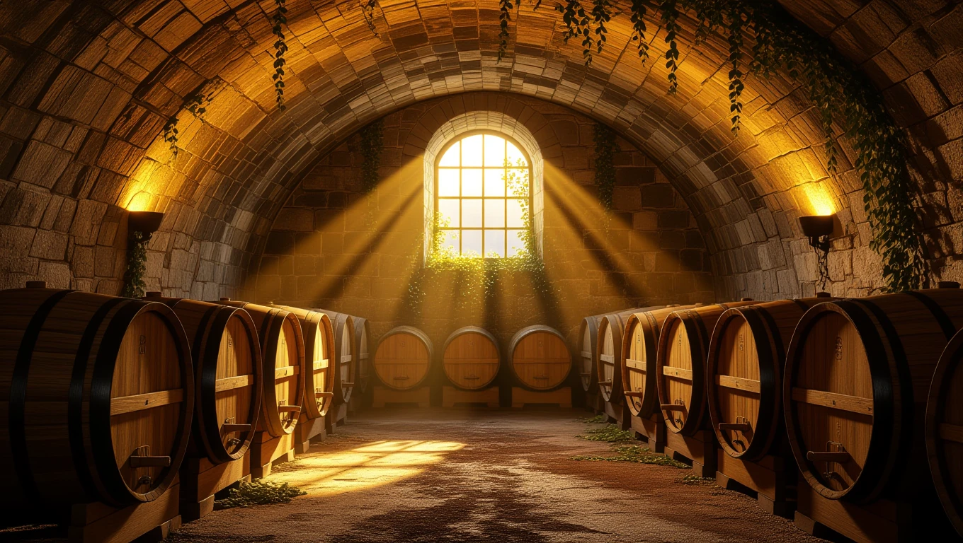Ein stimmungsvolles Weinkeller-Interieur mit Holzfässern und sanftem Licht.