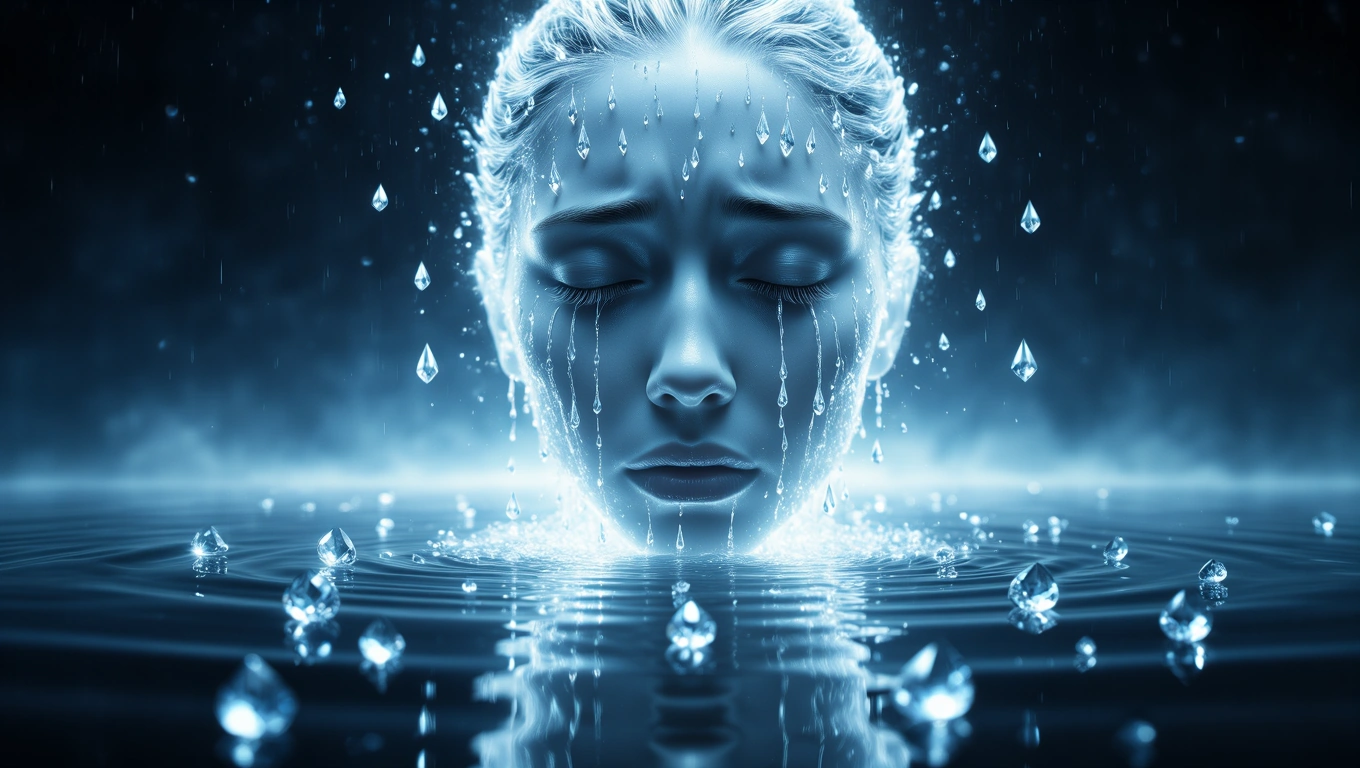 Eine weinende Frau mit Tränen, die wie Wasserfälle über ihr Gesicht fließen.