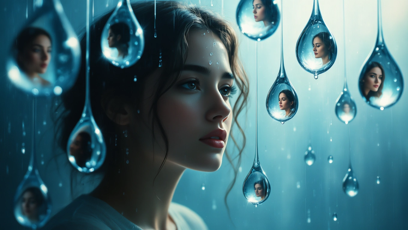 Eine nachdenkliche Frau mit Tränen in den Augen, umgeben von Wassertropfen, die Gesichter reflektieren.
