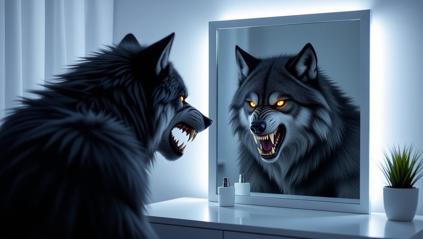 Ein Werwolf blickt bedrohlich in einen Spiegel, seine Augen leuchten intensiv.