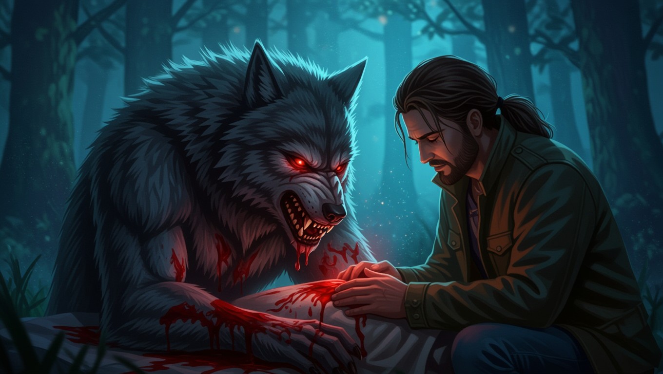 Ein Mann kniet neben einem blutigen Werwolf im Wald, der geheimnisvolle Kräfte symbolisiert.