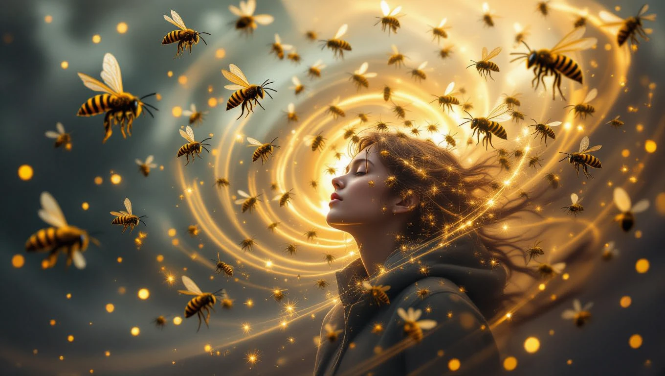 Eine Frau mit geschlossenen Augen umgeben von schwirrenden Wespen in einem magischen Licht.
