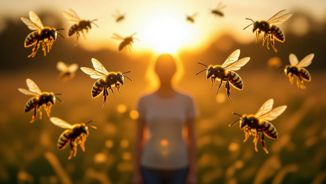 Eine Person steht im Sonnenuntergang, umgeben von fliegenden Wespen.