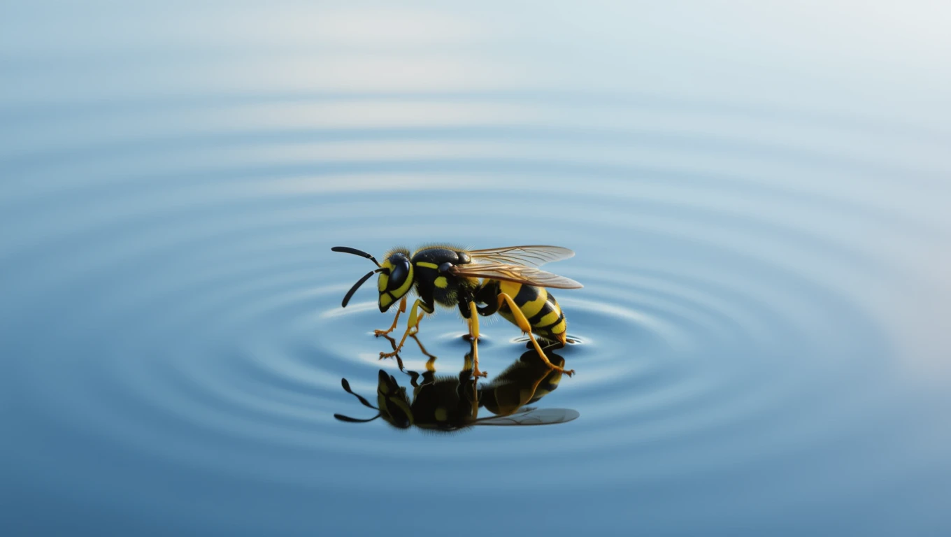 Eine Wespe steht auf der Wasseroberfläche und erzeugt Wellen.