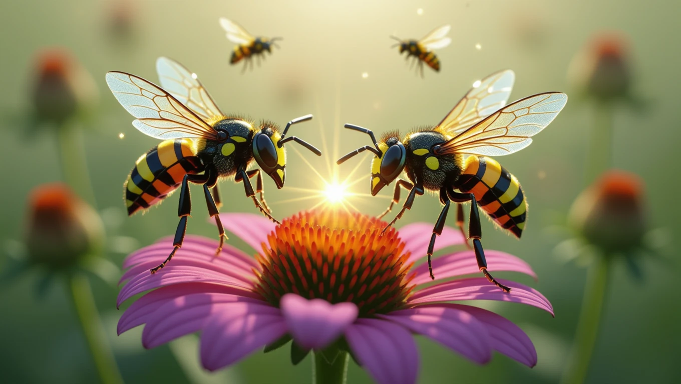 Zwei Wespen sitzen auf einer Blume und sammeln Nektar im Sonnenlicht.