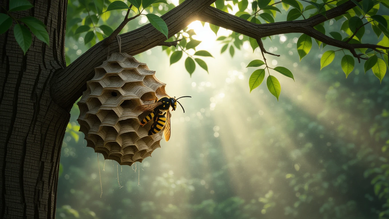 Eine Wespe sitzt an einem Wespennest, umgeben von grünen Blättern und sanftem Licht.
