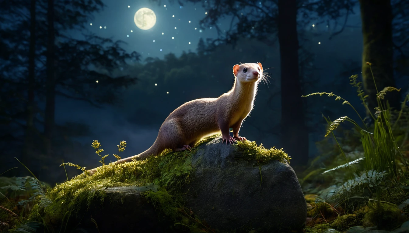 Ein Wiesel steht auf einem Stein im Mondlicht, umgeben von einem mystischen Wald.