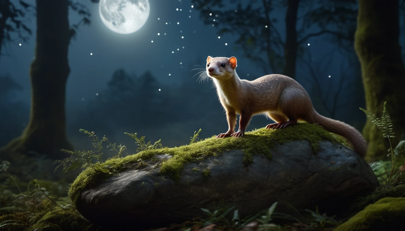 Ein Wiesel steht auf einem moosbedeckten Stein unter dem Mondlicht.