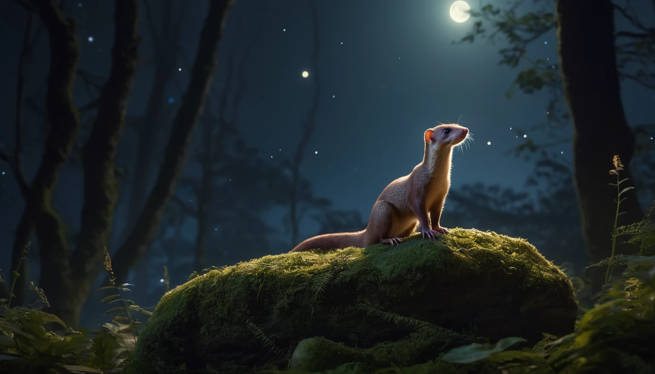 Ein Wiesel steht auf einem moosbedeckten Stein im nächtlichen Wald.