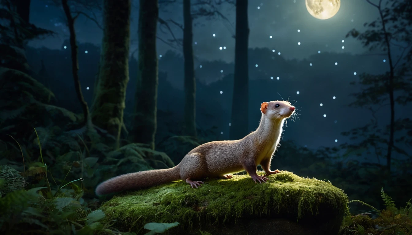 Ein Wiesel steht auf einem moosbedeckten Stein im nächtlichen Wald unter dem Mond.