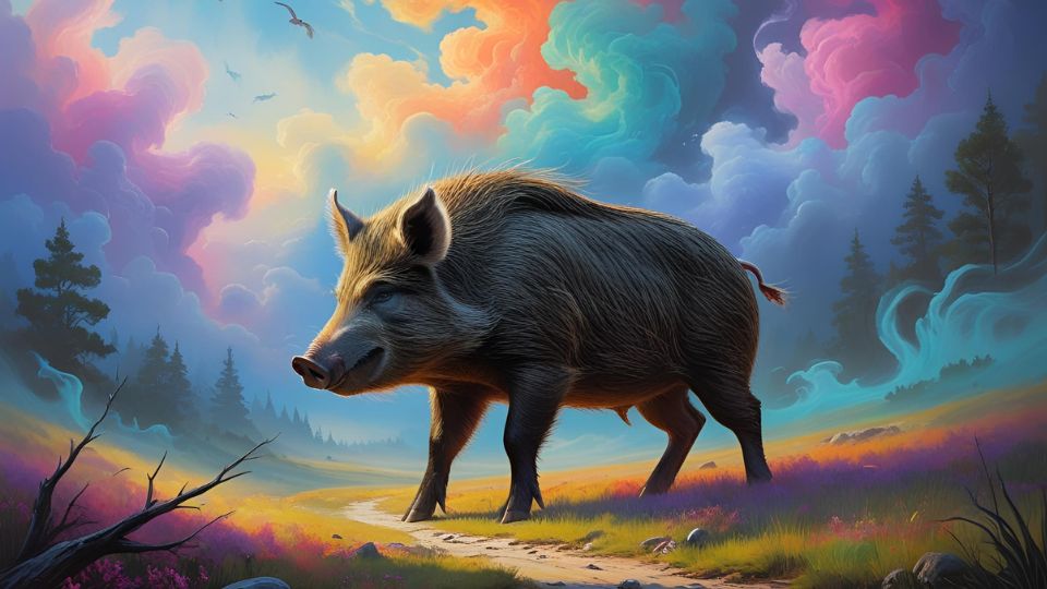 Ein Wildschwein steht majestätisch auf einem Weg, umgeben von bunten Wolken und einer traumhaften Landschaft.