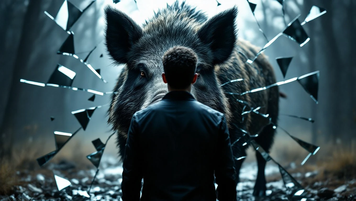 Ein Mann steht vor einem Wildschwein, umgeben von zerbrochenem Glas im Wald.