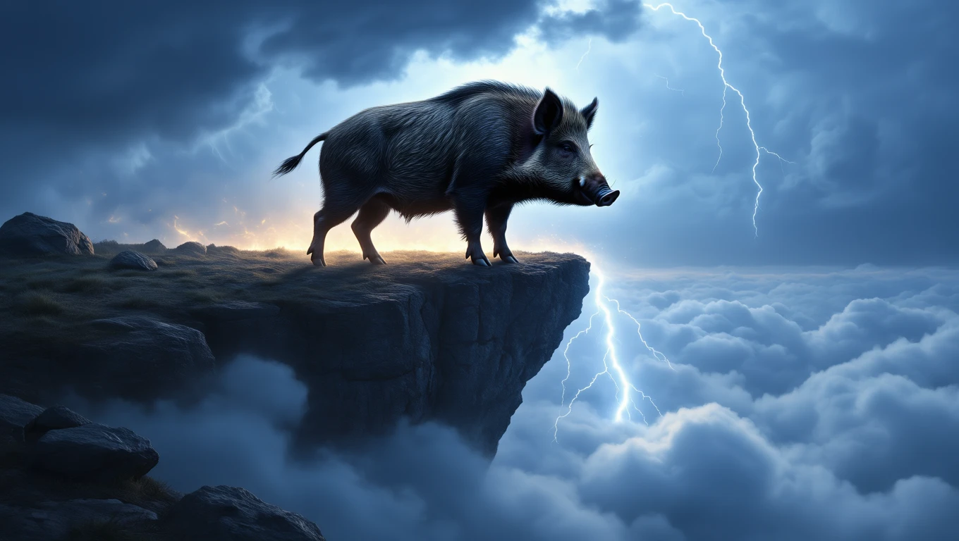 Ein Wildschwein steht majestätisch auf einer Klippe über Wolken, umgeben von Gewitter.