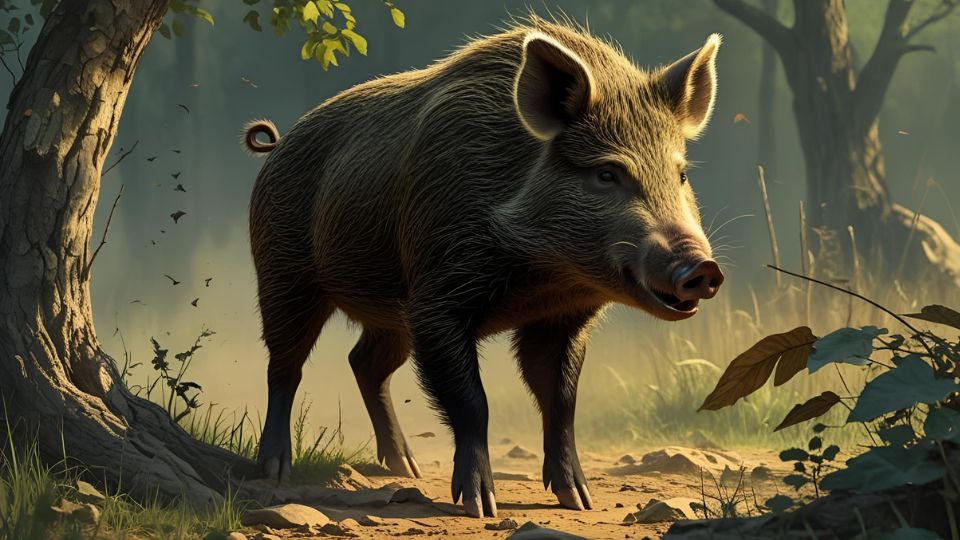 Ein Wildschwein steht majestätisch im Wald, umgeben von Bäumen und Pflanzen.