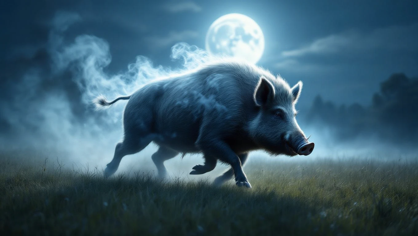 Ein Wildschwein läuft durch eine neblige Landschaft unter dem Mondschein.