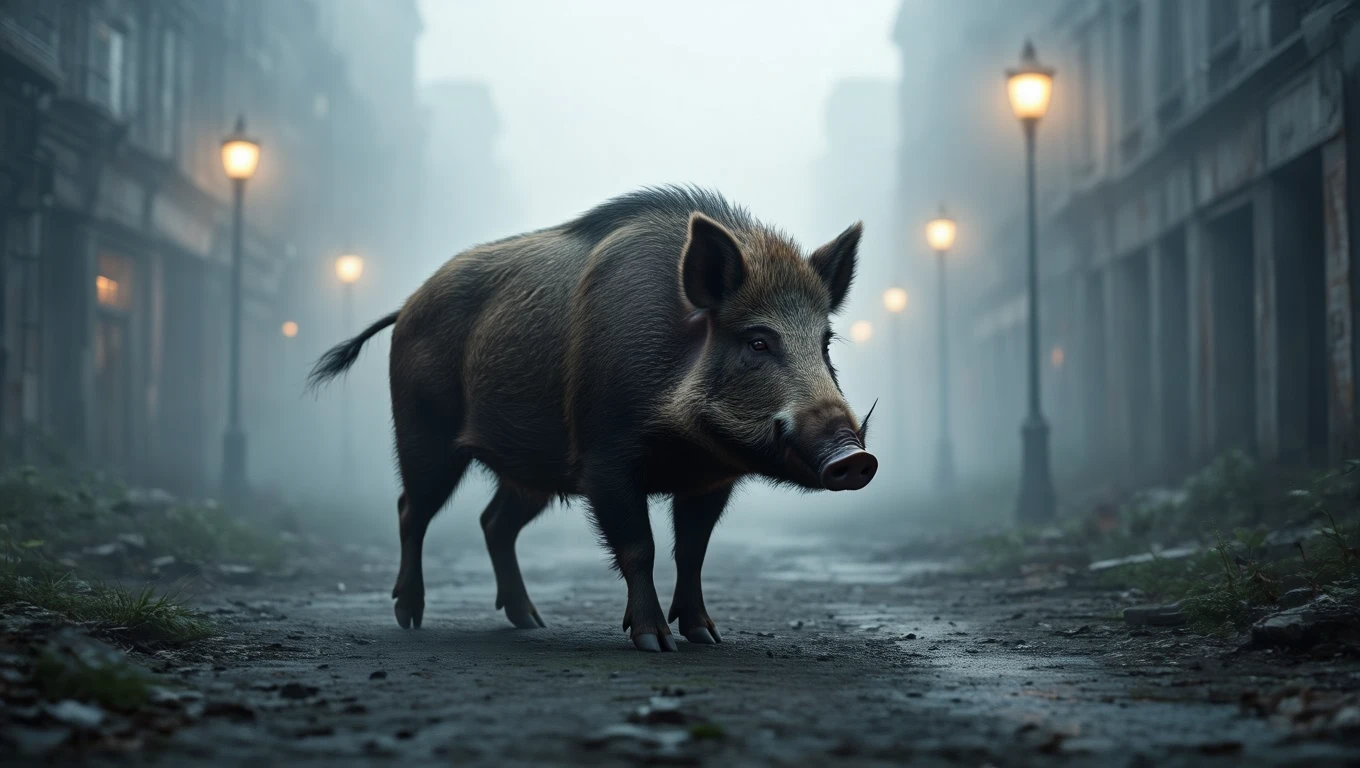 Ein Wildschwein steht auf einer nebligen Straße, umgeben von Laternen.
