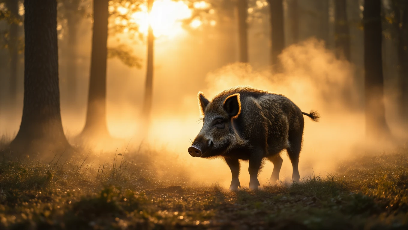Ein Wildschwein steht im Nebelwald, umgeben von sanftem Licht.
