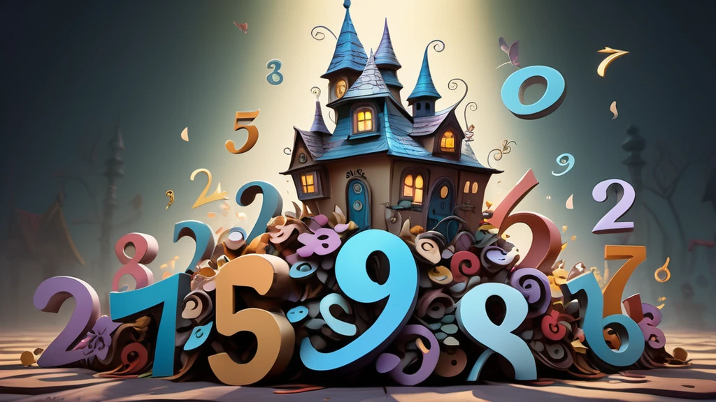 Ein fantasievolles Haus umgeben von bunten Zahlen, die Traumsymbole repräsentieren.