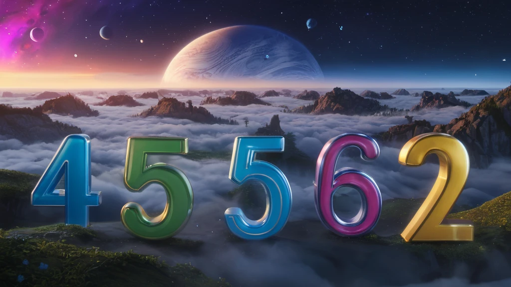 Bunte Zahlen in einer traumhaften Landschaft mit Nebel und Planeten.